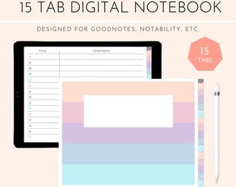 Diario de cuaderno digital pastel con pestañas horizontales de 15 secciones / Descargar con hipervínculos / Bueno para GoodNotes/Notability
