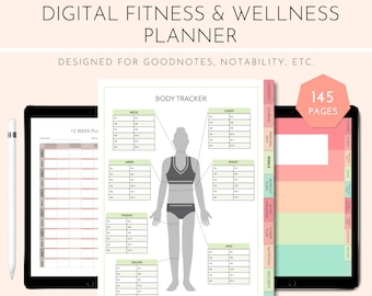 Planificador digital de fitness y bienestar / Pegatinas de fitness / Diario de salud / Descarga con hipervínculos / GoodNotes/Notability / Vertical