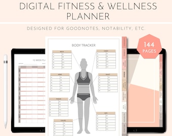 Planificador digital de fitness y bienestar / Pegatinas de fitness / Diario de salud / Descarga con hipervínculos / GoodNotes/Notability / Vertical