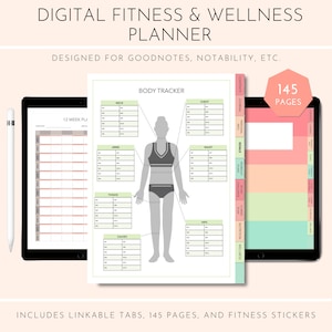 デジタルフィットネス＆ウェルネスプランナー | フィットネスステッカー | 健康ジャーナル | ハイパーリンク付きダウンロード | GoodNotes/Notability | 縦型