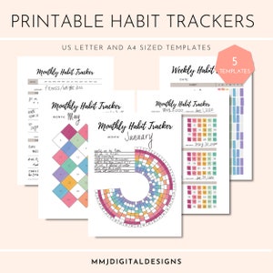 Habit Tracker Templates | Printable & Digital Use | US Letter and A4 Sizes | Fitness and Wellness | Weekly, Monthly Habit | 5 Templates