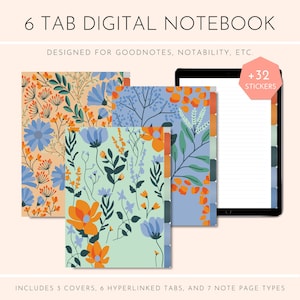 May include: A digital notebook with six tabs and 32 stickers. The notebook has three different floral covers in shades of blue, orange, and green. The text "6 TAB DIGITAL NOTEBOOK" and "DESIGNED FOR GOODNOTES, NOTABILITY, ETC." is at the top of the image. The text "INCLUDES 3 COVERS, 6 HYPERLINKED TABS, AND 7 NOTE PAGE TYPES" is at the bottom of the image.