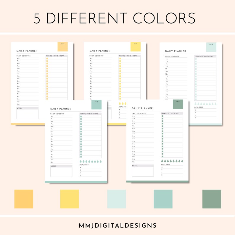 Fillable Daily Planner Printable Templates 5 Colors Etsy