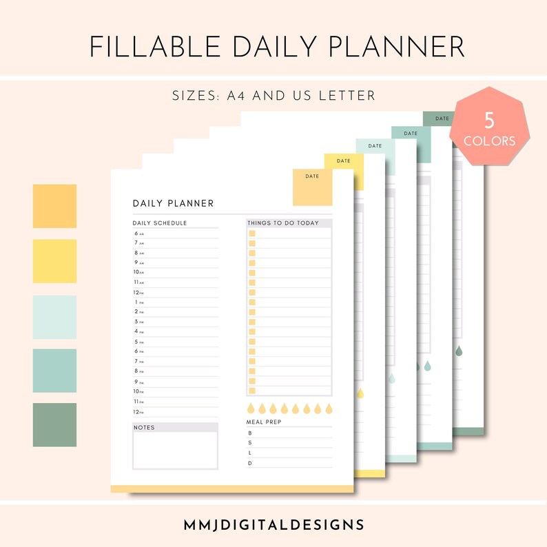 Fillable Daily Planner Printable Templates 5 Colors Etsy