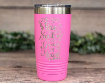 She Has Fire In Her Soul And Grace In Her Heart - Engraved Steel Tumbler, Motivational Gift Mug, Faith Mug, Inspirational Mug For Her