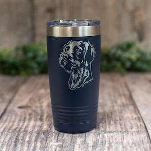 May include: A dark blue stainless steel tumbler with a laser engraved image of a German Shorthaired Pointer dog's head.