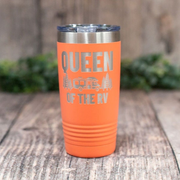 Queen Of The RV -  Engraved Camper Tumbler, Happy Camper Cup, Insulated Camper Life Travel Mug, Camping Travel Mug, Camping Gift, RV Travel