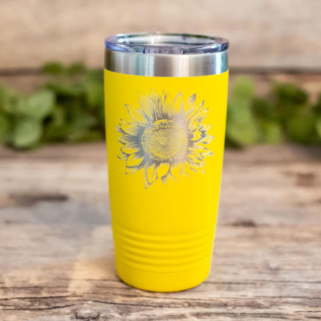 Personal Name Sunflower Heart - Engraved Stainless Steel Sunflower Tumbler,  Insulated Travel Mug, Cute Gift For Her