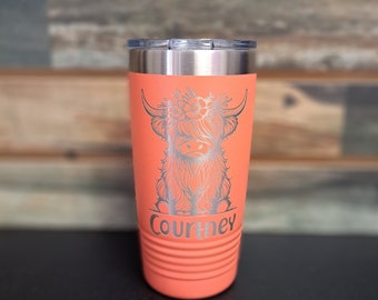 Cute Highland Cow With Flowers- Engraved Steel Tumbler, Gift For Her, Gift For Farmer, Highland Cow Gift, Cattle Gift, Farm Cup, Cute Cow