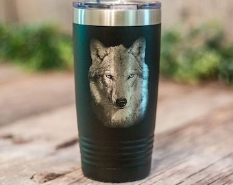 Wolf Portrait - Engraved Stainless Steel Tumbler, Wolf Travel Mug, Wolf Cup, Wolf Gift For Her, Wolf Tumbler, Wolf Mug, Gift For Wolf Lovers