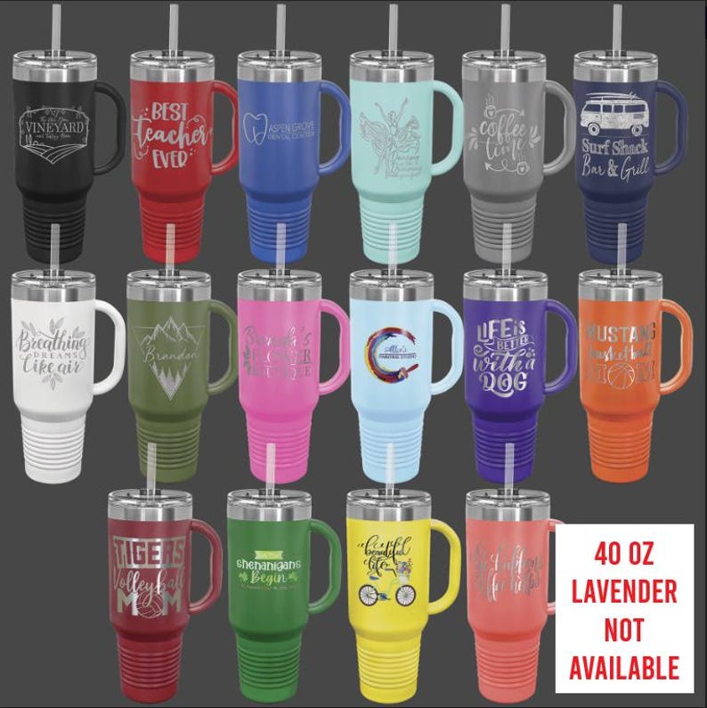 a set of 20 different colored travel mugs