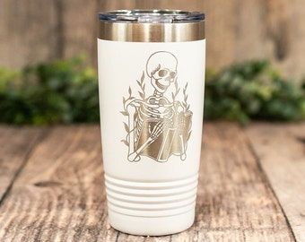 Skeleton Reading Book - Engraved Stainless Steel Tumbler, Book Lover Mug, I Read Books Mug, Librarian Mug, Book Lover Gift