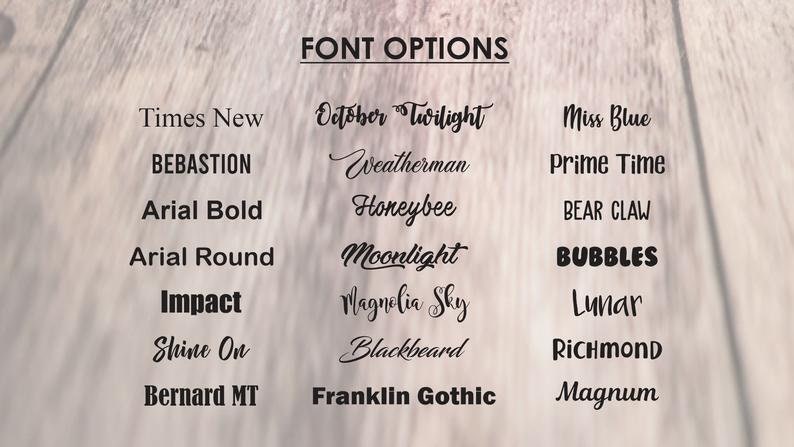 May include: A list of font options for a design project. The fonts are displayed in three columns, with each column containing a different style. The fonts are all in black text on a light wood background.