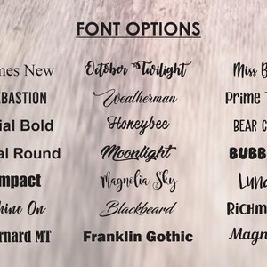 May include: A list of font options for a design project. The fonts are displayed in three columns, with each column containing a different style. The fonts are all in black text on a light wood background.