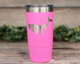 Whale Flowered -  Engraved Stainless Steel Tumbler, Whale Travel Mug, Travel Tumbler, Cute Whale Gifts, Gifts For Whale Lovers, Whale Mug