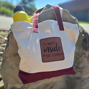 Market Tote with Vegan Leather Patch - Farmers Market Tote, Shopping Bag, Stylish Shopping Tote, Zippered Tote, Beach Bag, Overnight Bag