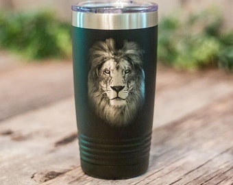 Lion Portrait - Engraved Stainless Steel Tumbler, Lion Travel Mug, Lion Cup, Lion Gift For Her, Lion Tumbler, Lion Mug, Gift For Lion Lovers