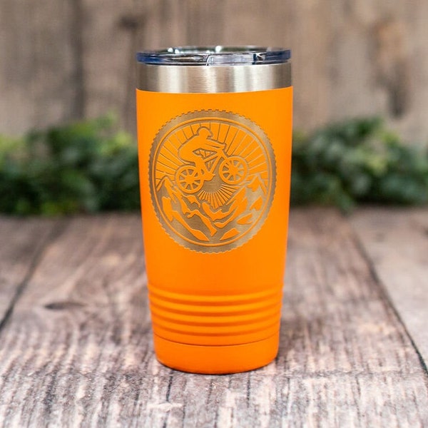 Mountain Bike Tire - Engraved Stainless Steel Tumbler, MTB Mug For Him, Guy Mug, Biking Gift, Dirt Bike Cup, Personalized Tumbler For Him