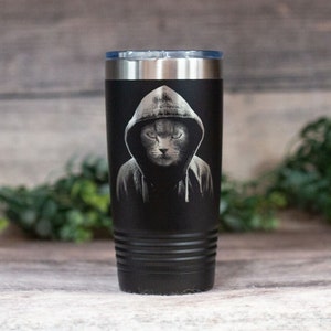 Cool Cat In Hoodie- Engraved Stainless Steel Tumbler, Cat Travel Mug, Cat Cup, Cat Gift, Cat Tumbler, Cat Mug, Gift For Cat Lovers