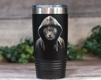 Cool Cat In Hoodie- Engraved Stainless Steel Tumbler, Cat Travel Mug, Cat Cup, Cat Gift, Cat Tumbler, Cat Mug, Gift For Cat Lovers