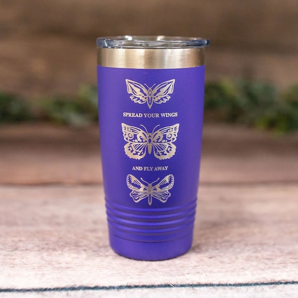 Spread Your Wings And Fly Away- Engraved Steel Tumbler, Insulated Travel Mug, Cute Butterfly Gift, Gifts For Butterfly Lovers, Butterfly Mug