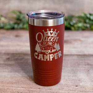 Queen Of The Camper -  Engraved Camper Tumbler, Happy Camper Cup, Insulated Camper Life Travel Mug, Camping Travel Mug, Camping Gift