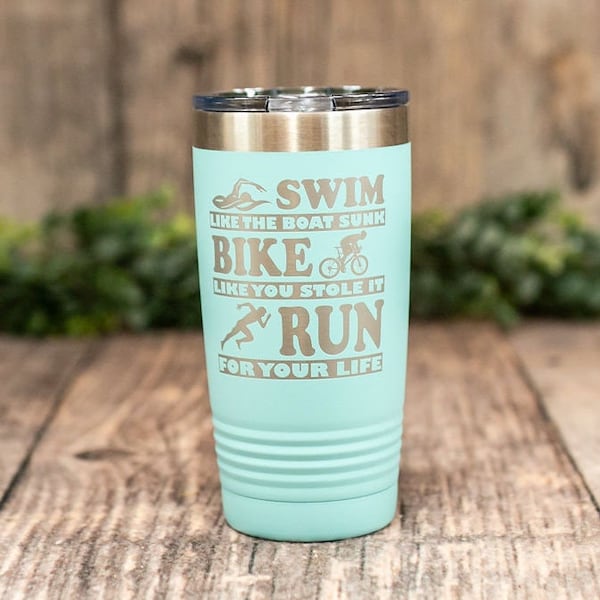 Swim Bike Run Triathlon- Engraved Stainless Steel Tumbler, Triathlon Cup, Personalized Runner Gift, Running Mug, Triathlete Gift Cup