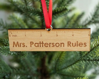 Teacher Ruler - Engraved Personalized Wooden Christmas Ornament Charm, Teacher Christmas Gift, Teacher Appreciation Gift