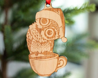 Hibou de Noël - Ornement de Noël en bois gravé Charme, Ornement de hibou, Cadeaux de hibou mignon, Cadeaux pour les amateurs de hibou
