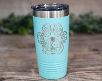 Mandala Paw Print - Engraved Stainless Paw Print Tumbler, Paw Print Travel Mug, Tumbler Mug Gift For Her