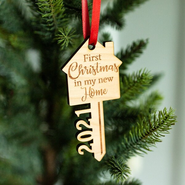 First Christmas In My New Home with Year - Engraved Wooden First Home Christmas Ornament Charm, Housewarming Christmas Gift, New Home Charm