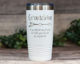 Grandma If You Think My Hands Are Full You Should See My Heart- Engraved Steel Tumbler, Stainless Insulated Travel Mug, Grandma Gift Mug