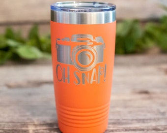 OH SNAP - Engraved Stainless Steel Travel Tumbler, Camera Gift Cup, Photography Mug, Gifts For Photographers, Cute Photography Gift