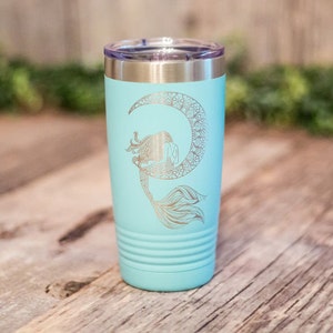 Moon Mermaid - Engraved Stainless Steel Tumbler, Insulated Travel Mug For Her, Mermaid Tumbler, Mermaid Mandala, Cute Mug, Mermaid Gift Mug