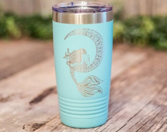 Moon Mermaid - Engraved Stainless Steel Tumbler, Insulated Travel Mug For Her, Mermaid Tumbler, Mermaid Mandala, Cute Mug, Mermaid Gift Mug