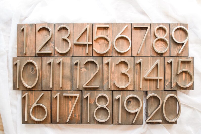 Peut inclure: Vingt blocs de bois, chacun affichant un num&eacute;ro de 1 &agrave; 20. Les chiffres argent&eacute;s sont mont&eacute;s sur des blocs de bois rectangulaires et teint&eacute;s. Id&eacute;al pour la d&eacute;coration int&eacute;rieure ou l'affichage de num&eacute;ros de maison.