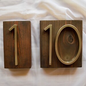 Peut inclure: Deux blocs de bois avec les chiffres "1" et "10" fix&eacute;s. Les chiffres sont m&eacute;talliques et mont&eacute;s sur du bois teint&eacute; fonc&eacute;. Le "0" est de forme ovale. Le bois a un grain visible.