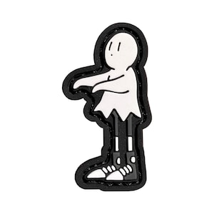 May include: Black and white cartoon ghost with a white body and black outline, wearing black shoes with white soles. The ghost is standing with its arms outstretched, as if it is reaching out to someone.
