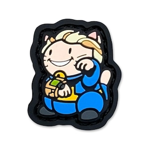 May include: A black, cat-shaped patch featuring a cartoon character with blonde hair and blue clothing. The character is smiling and holding a device. The patch has a black border and is set against a white background.