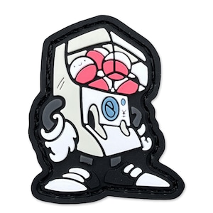 May include: A black and white patch featuring a cartoon character resembling a washing machine. The character has a white body, black arms and legs, and pink and white objects inside. The patch has a black border.