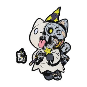 May include: An embroidered patch featuring a cartoon cat wearing a wizard hat with yellow stars. The cat has a robotic half-face with a yellow eye and a pink tongue sticking out. It wears a white robe and holds a yellow star wand. A smaller version is included.