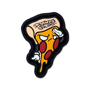 May include: A rubberized patch shaped like a slice of pizza with a cartoon face, red pepperoni circles, and a black border. The crust area features the text "PIZZA SQUAD" in a stylized black font. The character has white gloved hands and arms.