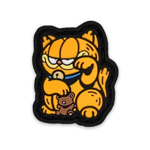 May include: A black and orange Garfield cartoon character patch with a blue collar and a brown teddy bear. The patch is made of rubber and has a black stitched border.
