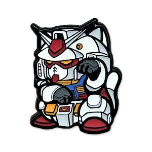 May include: A white, red, and blue cartoon character with a cat-like design. The character has a black outline and is in a fighting pose. The character has a red helmet and yellow eyes. The character is a fusion of a Gundam robot and a cat.