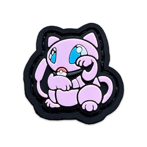 May include: A pink and blue cartoon character with a black outline. The character is sitting with its arms crossed and has a pokeball in its hand. The character is on a black background.
