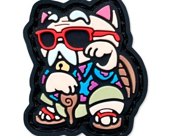 May include: A colorful, cartoon-style lucky cat wearing red sunglasses and a patterned shirt. The cat has a white mustache and is holding a cane. The image has a black border.