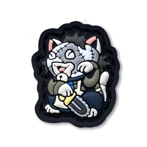 May include: A black and white cartoon cat wearing a stitched-up mask and holding a chainsaw. The cat is wearing a blue and white shirt and black pants. The background is black.