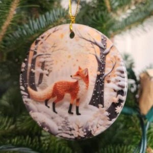 woodland christmas tree ornament fox christmas ornament sunset forest animal decor ceramic cross stitch ornament glossy double sided