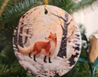 Décoration de sapin de Noël des bois, décoration de Noël en renard, coucher de soleil, animal de la forêt, décoration en céramique, point de croix, brillant recto-verso
