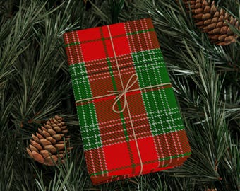 red green plaid wrapping paper holiday wrap tartan gift wrap classic Christmas holiday paper elegant holiday vintage Xmas Scottish plaid